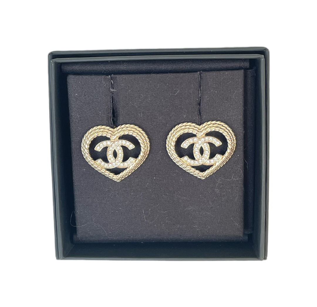 Chanel 24P Heart Earrings Gold & Crystal