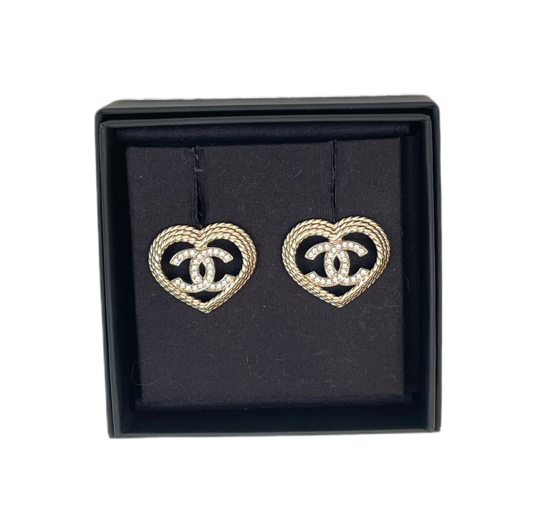 Chanel 24P Heart Earrings Gold & Crystal