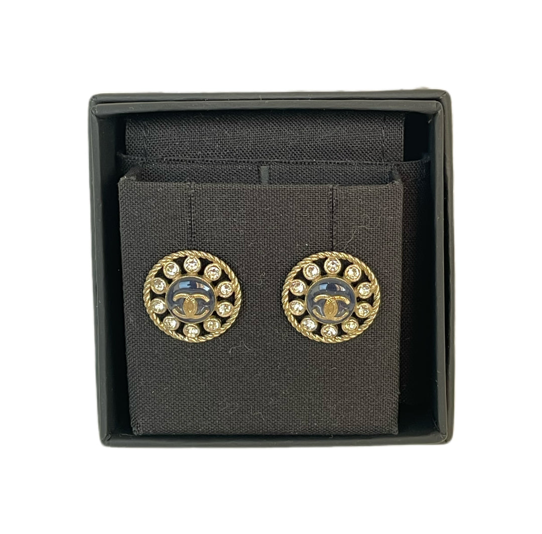 Chanel CC Crystal Gold Tone Round Stud Earrings