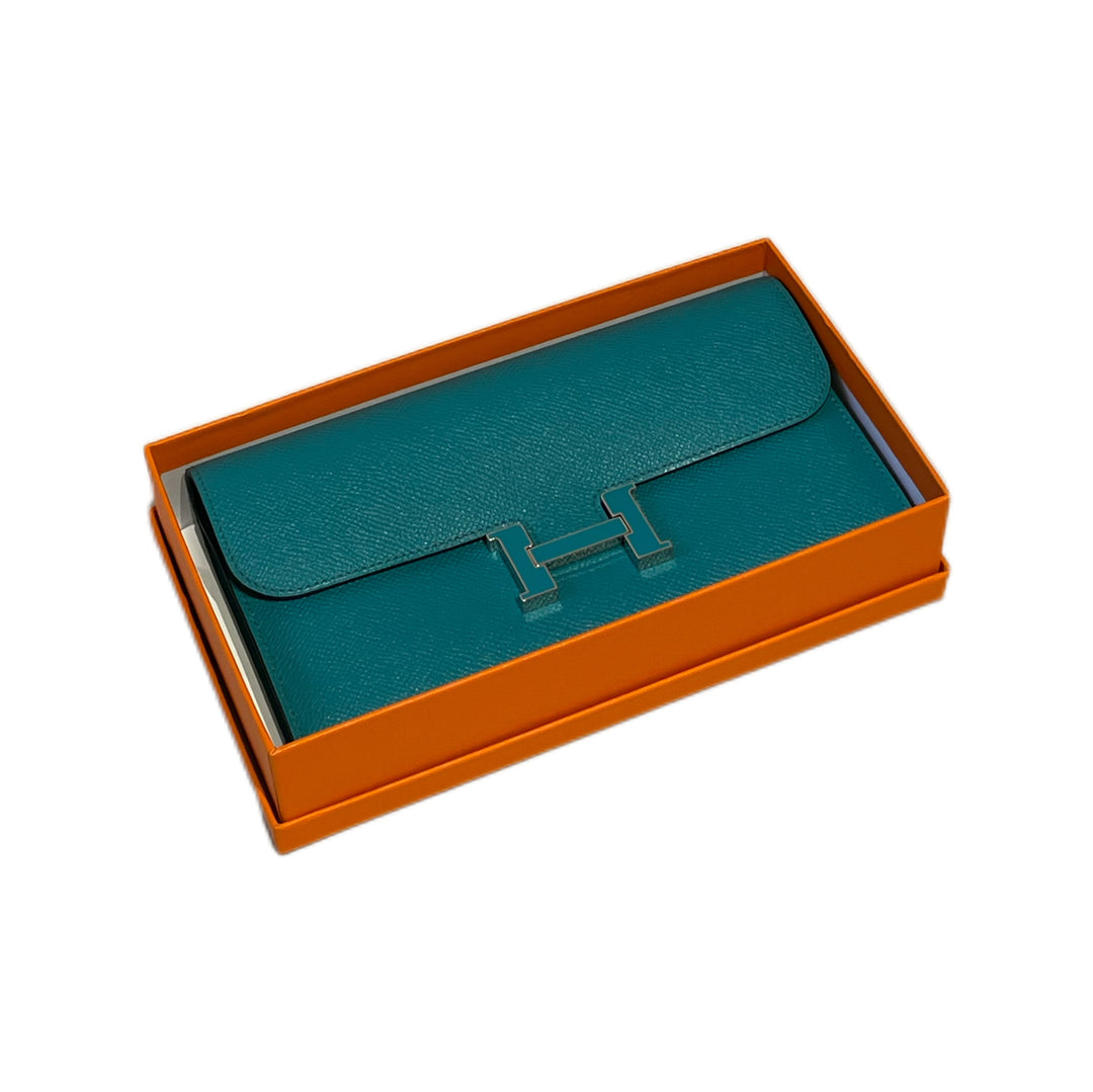 Hermès Epsom Enamel Constance Long Wallet Bleu Paon